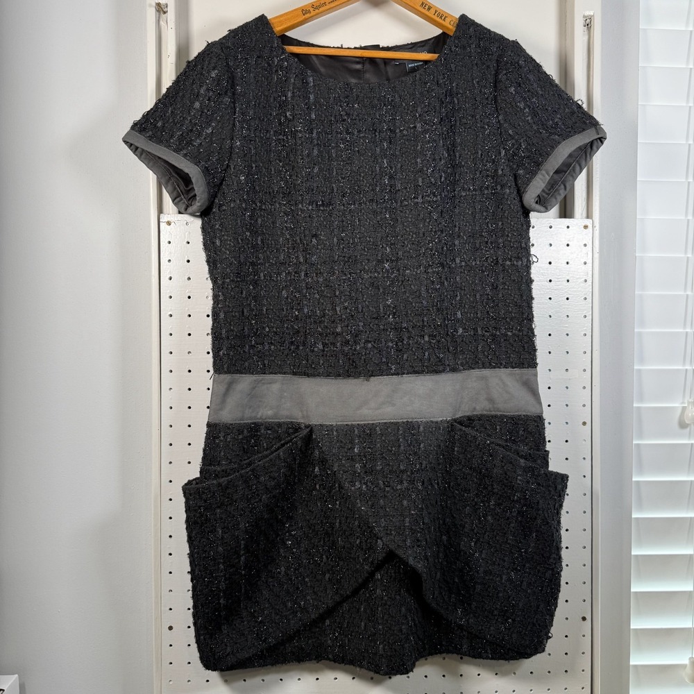 Marciano Mini Dress Womens Large Black Wool Blend Tweed Short Sleeve Sheath NWT